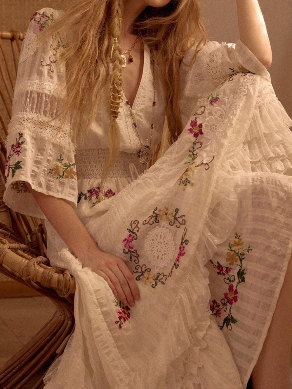 Beige Boho Women's Embroidered Patchwork Long Vacation Dress - Picture 4 of 8